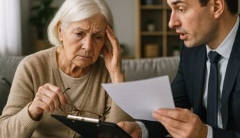 elderly lady investor fraud case inside home sad brown and black