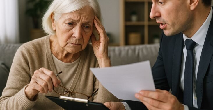 elderly lady investor fraud case inside home sad brown and black